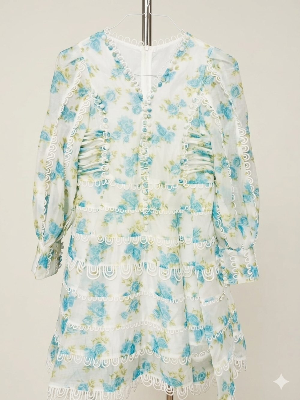Light blue Floral Mini Dress with Lace Trim